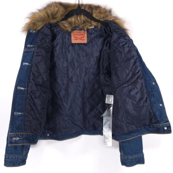 LEVI’S Ex-boyfriend‎ Trucker Denim Jacket Faux Fur Collar Quilted Lining SMALL - Picture 5 of 16